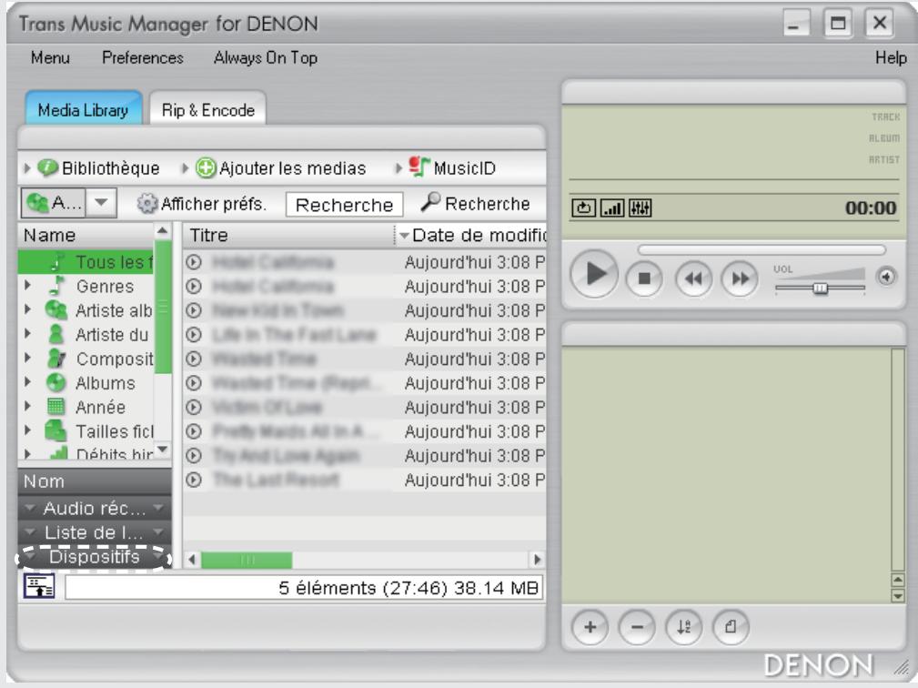 DENON TRANS MUSIC MANAGER - Cliquez sur "Dispositifs" dans "Media Library". - 1