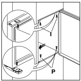 Technical diagram showing mechanical assembly with labeled parts I and P, including zoomed-in views and directional arrows.