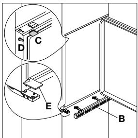 Technical diagram showing labeled mechanical components (A, B, C, D, E) with magnified views of detail