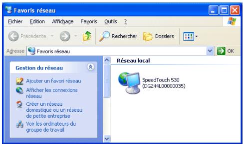 Favoris réseau Eichier Edition Affichage Fayoris Qutils ? Préderente Rechercher Dossiers Adresse Favoris réseau OK Gestion du réseau Ajouter un favori réseau Afficher les connexions réseau Créer un réseau domestique ou un réseau de petite entreprise Voir les ordinateurs du groupe de travail Réseau local SpeedTouch 530 (DG244L00000035)