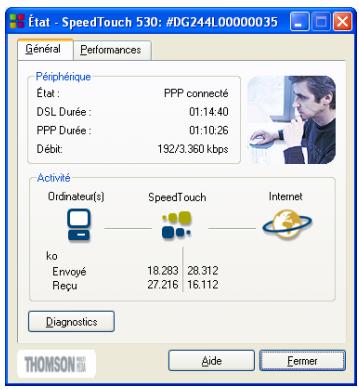 État - SpeedTouch 530: #DG244L00000035 Général Performances Périphérique État: PPP connecté DSL Durée: 01:14:40 PPP Durée: 01:10:26 Débit: 192/3.360 kbps Activité Ordinateur(s) SpeedTouch Internet ko Envoyé 18.283 28.312 Reçu 27.216 16.112 Diagnostics Aide Fermer THOMSON