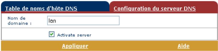 Table de noms d'hôte DNS Configuration du serveur DNS Nom de domaine : lan ✓ Activate server Appliquer Aide