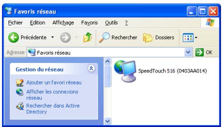 Favoris réseau Fichier Edition Affichage Fayoris Qutils ? Précédente Rechercher Dossiers Adresse F favoris réseau OK Gestion du réseau SpeedTouch 516 (0403AA014) Ajouter un favori réseau Afficher les connexions réseau Rechercher dans Active Directory