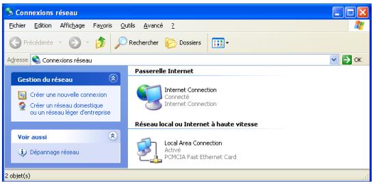 Connexions réseau Echier Edition Affichage Fagonis Qutils Avancé 2 Présidentes Rechercher Dossiers Adresse Connexions réseau Gestion du réseau Créer une nouvelle connexion Créer un réseau domestique ou un réseau léger d'entreprise Voir aussi Dépannage réseau Passerelle Internet Internet Connection Connecté Internet Connection Réseau local ou Internet à haute vitesse Local Area Connection Activé PCMCIA Fast Ethernet Card 2 objet(s)