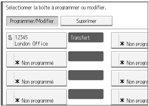 Sélectionner la boîte à programmer ou modifier. Programmer/Modifier Supprimer 12345 London Office Transfert * Non progra * Non programmé * Non programmé * Non programmé * Non programmé * Non progra