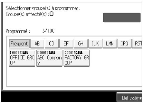 Sélectionner groupe(s) à programmer. Groupe(s) affecté(s) : Programmé : 3/100 Fréquent AB CD EF GH IJK LMN OPQ RST [00013]▲▲▲ OFFICE GRO UP [00012]▲▲▲ ABC Company [00015]▲▲▲ FACTORY GRO UP Etat système