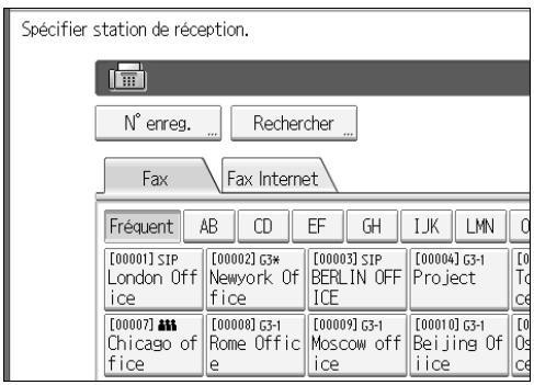 Spécifier station de réception. N° enreg. ... Rechercher ... Fax Fax Internet Fréquent AB CD EF GH IJK LMN O [00001] SIP [00002] G3* Newyork Of ice [00003] SIP BERLIN OFF ICE [00004] G3-1 Project [0 To ce] [00007] Chicago of ice [00008] G3-1 Rome Off ic e [00009] G3-1 Moscow off ice [00010] G3-1 Beijing Of ice [0 To ce]