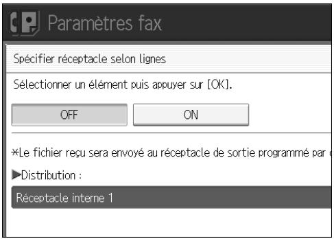 Paramètres fax Spécifier réceptacle selon lignes Sélectionner un élément puis appuyer sur [OK]. OFF ON *Le fichier reçu sera envoyé au réceptacle de sortie programmé par ►Distribution : Réceptacle interne 1