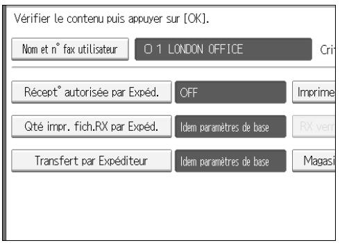 Vérifier le contenu puis appuyer sur [OK]. Nom et n° fax utilisateur O 1 LONDON OFFICE Crit Récept° autorisée par Expéd. OFF Imprime Qté impr. fich.RX par Expéd. Idem paramètres de base RX ver Transfert par Expéditeur Idem paramètres de base Magasi