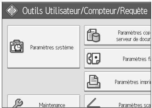 Outils Utilisateur/Compteur/Requête Paramètres système Paramètres cop serveur de docur Paramètres f Paramètres impi Maintenance Paramètres sca