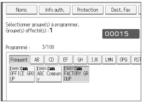 Norms Info auth. Protection Dest. Fax Sélectionner groupe(s) à programmer. Groupe(s) affecté(s) : 1 00015 Programmé : 3/100 Fréquent AB CD EF GH IJK LMN OPO RST [00013]... [00012]... [00015]... OFFICE GRO UP ABC Compan y FACTORY GR OUP