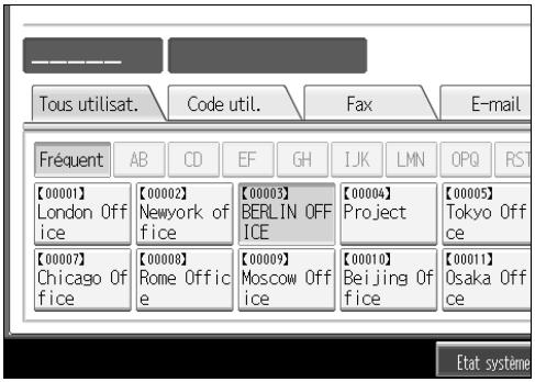 Tous utilisat. Code util. Fax E-mail Fréquent AB CD EF GH IJK LMN OPO RST [00001] London Office [00002] New York Office [00003] BERLIN OFFICE [00004] Project [00005] Tokyo Office [00007] Chicago Office [00008] Rome Office [00009] Moscow Office [00010] Beijing Office [00011] Osaka Office Etat système