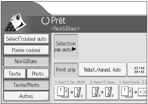Prêt Sélect°couleur auto Pleine couleur Noir&Blanc Texte Photo ... Texte/Photo ... Autres Sélection pap.auto Frmt orig Réduct./Agrand. Auto A3+A4 A4+A5 1 face*2 fac..Ht/Ht 2 faces*2 faces 1 face*Comb. 2 s 1 2 → 2 2 → 2 1 2 → 1 2