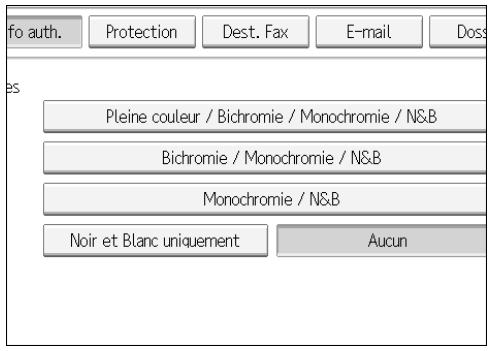 fo auth. Protection Dest. Fax E-mail Doss es Pleine couleur / Bichromie / Monochromie / N&B Bichromie / Monochromie / N&B Monochromie / N&B Noir et Blanc uniquement Aucun