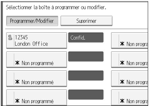 Sélectionner la boîte à programmer ou modifier. Programmer/Modifier Supprimer 12345 London Office Confid. * Non progra * Non programmé * Non programmé * Non programmé * Non program