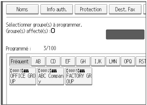 Noms Info auth. Protection Dest. Fax Sélectionner groupe(s) à programmer. Groupe(s) affecté(s) : Programmé : 3/100 Fréquent AB CD EF GH IJK LMN OPQ RST [00013]▲▲▲ [00012]▲▲▲ [00015]▲▲▲ OFFICE GRO UP ABC Compan y FACTORY GR OUP