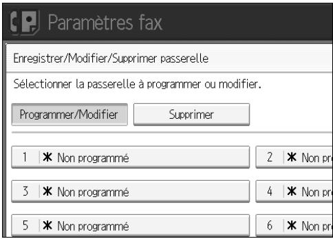 Paramètres fax Enregistrer/Modifier/Supprimer passerelle Sélectionner la passerelle à programmer ou modifier. Programmer/Modifier Supprimer 1 * Non programmé 2 * Non pr 3 * Non programmé 4 * Non pr 5 * Non programmé 6 * Non pr