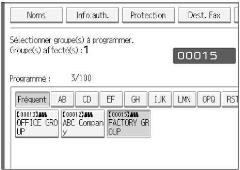 Noms Info auth. Protection Dest. Fax Sélectionner groupe(s) à programmer. Groupe(s) affecté(s) : 1 00015 Programmé : 3/100 Fréquent AB CD EF GH IJK LMN OPQ RST [00013]▲▲▼ [00012]▲▲▼ [00015]▲▲▼ OFFICE GRO UP ABC Compan y FACTORY GR OUP