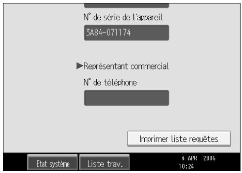N° de série de l'appareil 3A84-071174 ►Représentant commercial N° de téléphone Imprimer liste requêtes Etat système Liste trav. 4 APR 2006 10:24