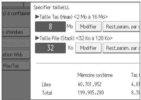 RICOH VM CARD - Pour modifier la taille de tas, appuyez sur [Modifier] sous "Taille Tas". Pour modifier la taille de pile, appuyez sur [Modifier] sous "Taille Pile". - 1