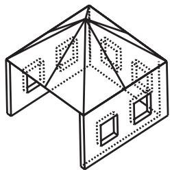 Isometric line drawing of a 3D geometric structure resembling a tent or cage (no text or symbols)