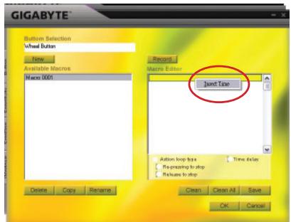GIGABYTE Buttons Selection Wheel Button New Available Macros Macro 0001 Record Macro Editor Direct Time Action loop types Time delay Re-processing to shop Repackage to shop Clean Clean All Save OK Cancel