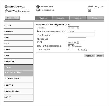 KONICA MINOLTA BIZHUB PRO 1050 1050E - Réception E-Mail Configuration (POP) - 1