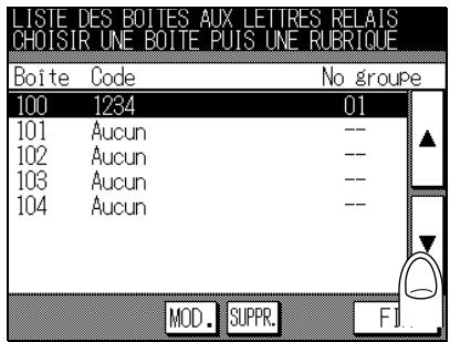 LISTE DES BOITES AUX LETTRES RELAIS CHOISIR UNE BOITE PUIS UNE RUBRTQUE Boîte Code No groupe 100 1234 01 101 Aucun -- 102 Aucun -- 103 Aucun -- 104 Aucun -- MOD. SUPPR. FI