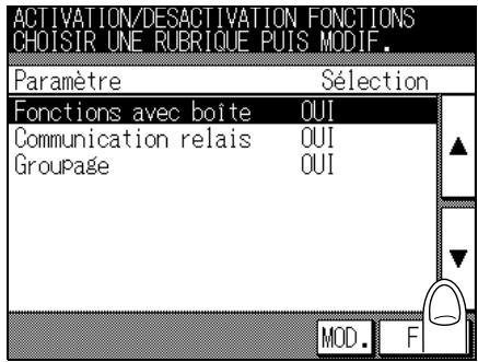 ACTIVATION/DESACTIVATION FONCTIONS CHOISIR UNE RUBRIQUE PUIS MODIF. Paramètre Sélection Fonctions avec boîte QUI Communication relais QUI Groupage QUI MOD.F