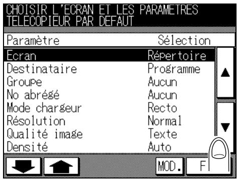CHOISIR L'ECRAN ET LES PARAMETRES TELECOPIEUR PAR DEFAULT Paramètre Sélection Ecran Répertoire Destinataire Programme Groupe Aucun No abrégé Aucun Mode chargeur Recto Résolution Normal Qualité image Texte Densité Auto MOD. F
