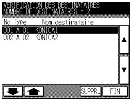 VERIFICATION DES DESTINATAIRES NOMBRE DE DESTINATAIRES = 2 No Type Nom destinataire 001 A 01 KONICA1 002 A 02 KONICA2 SUPPR. FIN