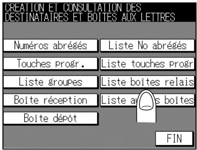 CREATION ET CONSULTATION DES DESTINATAIRES ET BOITES AUX LETTRES Numéros abrégés Liste No abrégés Touches Progr. Liste touches progr Liste groupes Liste boites relais Boite réception Liste a/s boites Boite dépôt FIN
