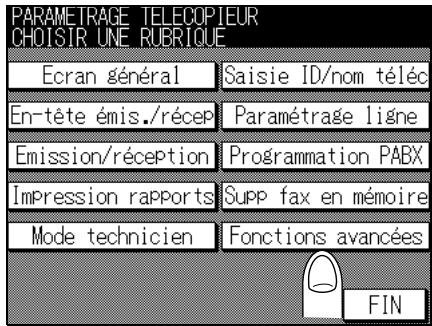 PARAMETRAGE TELECOPIEUR CHOISIR UNE RUBRIQUE Ecran général Saisie ID/nom téléc En-tête émis./récep Paramétrage ligne Emission/réception Programmation PABX Impression rapports Supp fax en mémoire Mode technicien Fonctions avancées FIN