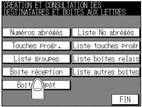 CREATION ET CONSULTATION DES DESTINATAIRES ET BOITES AUX LETTRES Numéros abrégés Liste No abrégés Touches progr. Liste touches progr Liste groupes Liste boîtes relais Boîte réception Liste autres boîtes Boît spôt FIN
