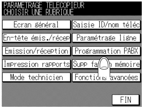 PARAMETRAGE TELECOPIEUR CHOISIR UNE RUBRIQUE Ecran général Saisie ID/nom téléc En-tête émis./récep Paramétrage ligne Emission/réception Programmation PABX Impression rapports Supp fa/h mémoire Mode technicien Fonctions avancées FIN