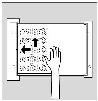 Diagram showing a hand pressing down on a panel with arrows indicating movement or force, labeled 'screw' and 'inlet'.