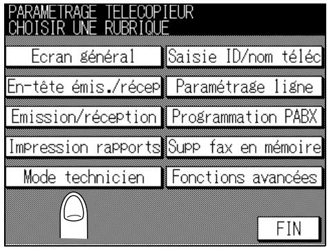 PARAMETRAGE TELECOPIEUR CHOISIR UNE RUBRIQUE Ecran général Saisie ID/nom téléc En-tête émis./récep Paramétrage ligne Émission/réception Programmation PABX Impression rapports Supp fax en mémoire Mode technicien Fonctions avancées FIN