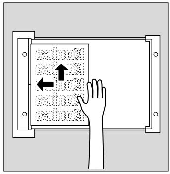 Diagram showing a hand pressing a panel with arrows indicating movement or force, labeled with 'sail' and 'arrow'