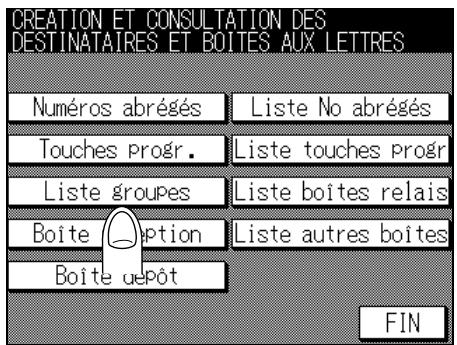 CREATION ET CONSULTATION DES DESTINATAIRES ET BOITES AUX LETTRES Numéros abrégés Liste No abrégés Touches progr. Liste touches progr Liste groupes Liste boîtes relais Boîte option Liste autres boîtes Boîte dépôt FIN