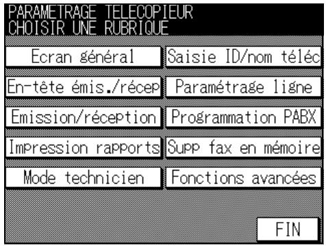PARAMETRAGE TELECOPIEUR CHOISIR UNE RUBRIQUE Ecran général Saisie ID/nom téléc En-tête émis./récep Paramétrage ligne Emission/réception Programmation PABX Impression rapports Supp fax en mémoire Mode technicien Fonctions avancées FIN