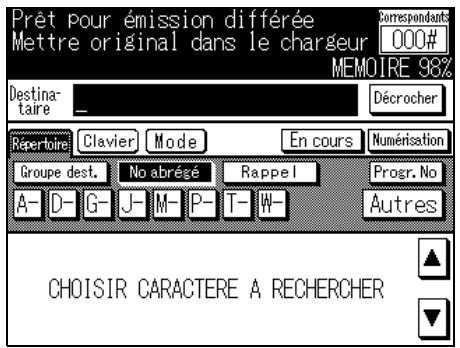 Prêt pour émission différée Mettre original dans le chargeur 000# MEMOIRE 98% Destina- taire _ Décrocher Répertoire Clavier Mode En cours Numérisation Groupe dest. No abrégé Rappel Progr. No A- D- G- J- M- P- T- W- Autres CHOISIR CARACTERE A RECHERCER