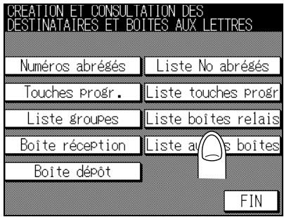 CREATION ET CONSULTATION DES DESTINATAIRES ET BOITES AUX LETTRES Numéros abrégés Liste No abrégés Touches Progr. Liste touches Progr Liste groupes Liste boites relais Boite réception Liste avs boites Boite dépôt FIN