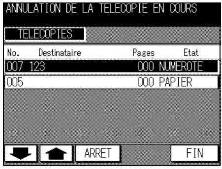 ANNULATION DE LA TELECOPIE EN COURS TELECOPIES No. Destinataire Pages Etat 007 123 000 NUMEROTE 005 000 PAPIER ARRET FIN