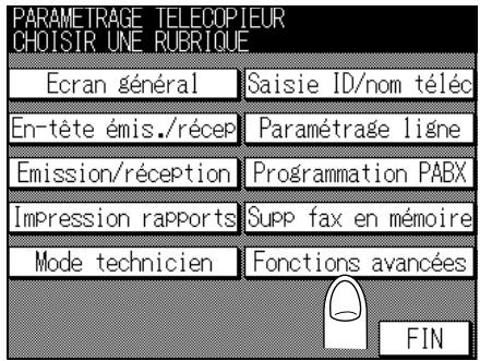 PARAMETRAGE TELECOPIEUR CHOISIR UNE RUBRIQUE Ecran général Saisie ID/nom téléc En-tête émis./récep Paramétrage ligne Emission/réception Programmation PABX Impression rapports Supp fax en mémoire Mode technicien Fonctions avancées FIN