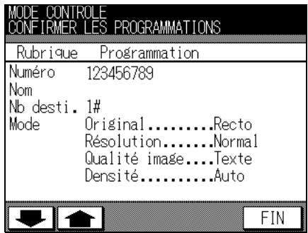 MODE CONTROLE CONFIRMER LES PROGRAMMATIONS Rubrique Programmation Numéro 123456789 Nom Nb desti. 1# Mode Original............Recto Résolution........ Normal Qualité image....Texte Densité............Auto FIN