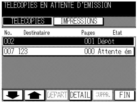 TELECOPIES EN ATTENTE D'EMISSION TELECOPIES IMPRESSIONS No. Destinataire Pages Etat 002 001 Dépôt 007 123 000 Attente ém DEPART DETAIL CUPR FIN