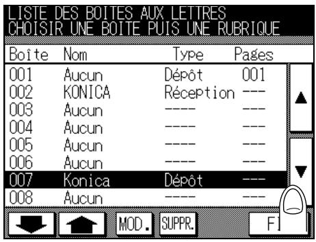 LISTE DES BOITES AUX LETTRES CHOISIR UNE BOITE PUIS UNE RUBRIQUE Boite Nom Type Pages 001 Aucun Dépôt 001 002 KONICA Réception --- 003 Aucun ---- --- 004 Aucun ---- --- 005 Aucun ---- --- 006 Aucun ---- --- 007 Konica Dépôt --- 008 Aucun ---- --- MOD. SUPPR. FI