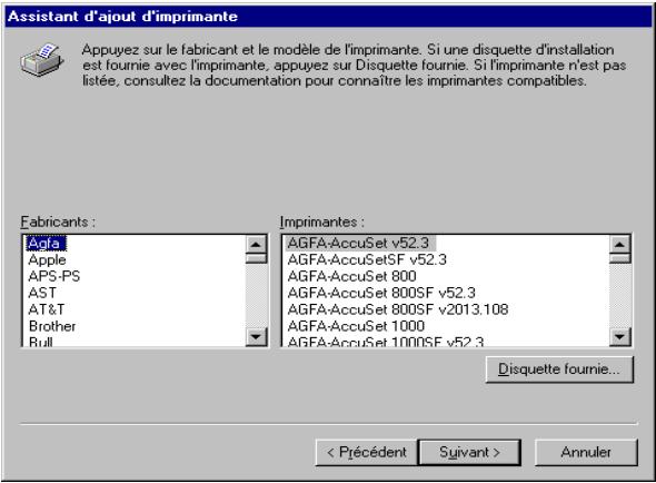 KONICA MINOLTA PI3500 - Une fenêtre apparaît vous demandant de sélectionner le constructeur et le modèle de votre imprimante. Cliquez sur le bouton [Disquette fournie...] dans la partie inférieure droite de l'écran. - 1