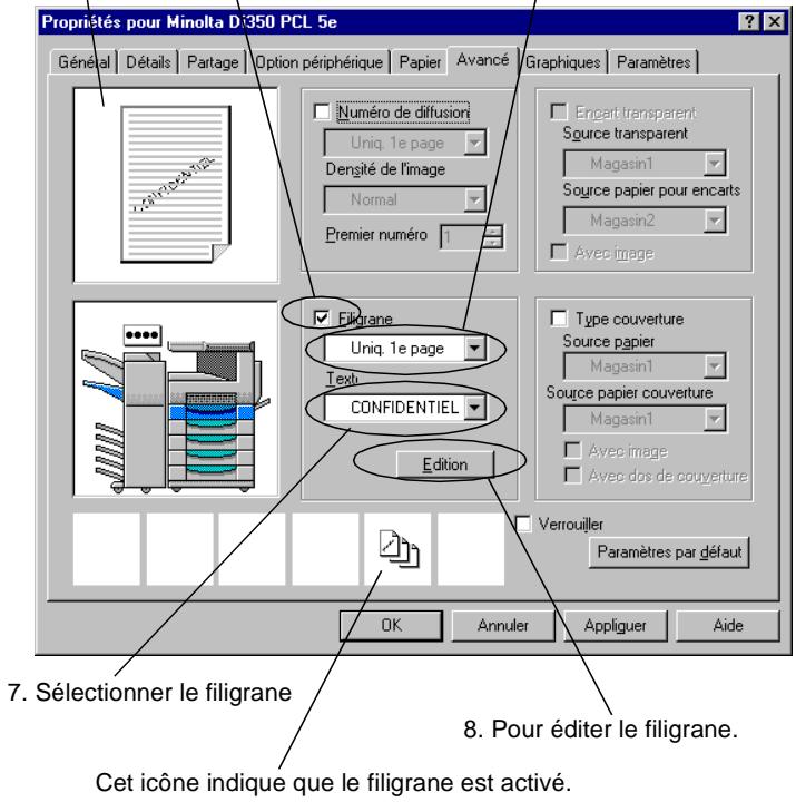 KONICA MINOLTA PI3500 - Cliquez sur l'onglet "Avancé" et sélectionnez "Filigrane". - 1