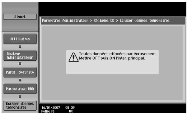 Signet Utilitaires Réglage Administrateur Param. Securité Paramétrage HDD Écraser données Temporaires Paramètres Administrateur > Régages DO > Ecraser données temporaires Toutes données effacées par écrasement. Mettre OFF puis ON l'inter. principal. 16/01/2007 08:39 Hémoire UZ